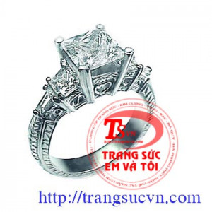 Nhẫn vàng trắng 14K gắn kim cương nhân tạo