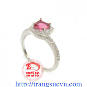Nhẫn bạc đá hồng hình vuông cao cấp, hàng Hong Kong