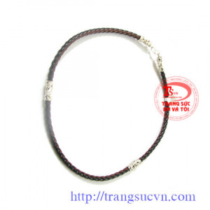 Dây da bện màu nâu đen bịt bạc rồng