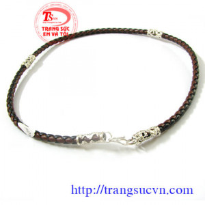 Dây da bện màu nâu đen bịt bạc rồng