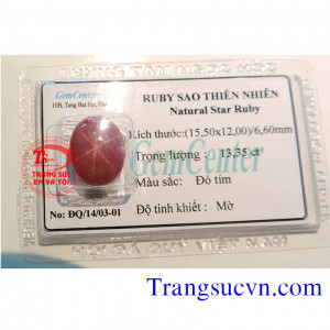 Star Ruby Natural-Ruby sao thiên nhiên  Ruby sao thiên nhiên   Xuất xứ: Lục Yên - Yên Bái - Việt Nam  Trọng lượng ruby sao: 13,35 Carat  Kích thước:  - Chiều dài: 15,50 mm - Chiều rộng: 12,00 mm - Chiều cao: 6,60 mm  Màu sắc: Đỏ tím  Độ tinh khiết: Mờ