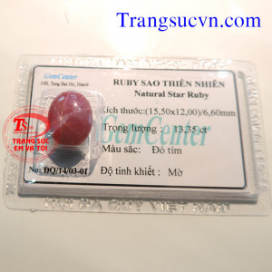 Star Ruby Natural-Ruby sao thiên nhiên  Ruby sao thiên nhiên   Xuất xứ: Lục Yên - Yên Bái - Việt Nam  Trọng lượng ruby sao: 13,35 Carat  Kích thước:  - Chiều dài: 15,50 mm - Chiều rộng: 12,00 mm - Chiều cao: 6,60 mm  Màu sắc: Đỏ tím  Độ tinh khiết: Mờ