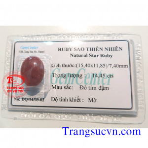 Star Ruby Natural-Ruby sao thiên nhiên  Ruby sao thiên nhiên   Xuất xứ: Lục Yên - Yên Bái - Việt Nam  Trọng lượng ruby sao: 13,35 Carat  Kích thước:  - Chiều dài: 15,50 mm - Chiều rộng: 12,00 mm - Chiều cao: 6,60 mm  Màu sắc: Đỏ tím  Độ tinh khiết: Mờ