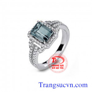 Nhẫn nữ vàng tây màu trắng gắn đá Aquamarine thiên nhiên