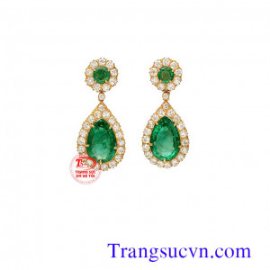 Hoa tai vàng tây gắn đá Emerald thiên nhiên