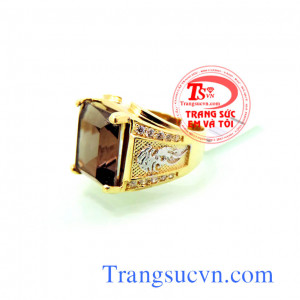 Nhẫn nam đặt theo yêu cầu, nhẫn nam thiết kế hoa văn cổ đính đá thạch anh khói cổ điển, lịch lãm, vẻ đẹp của các quý ông.