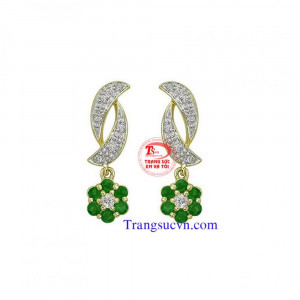 Hoa tai vàng tây gắn đá Emerald thiên nhiên