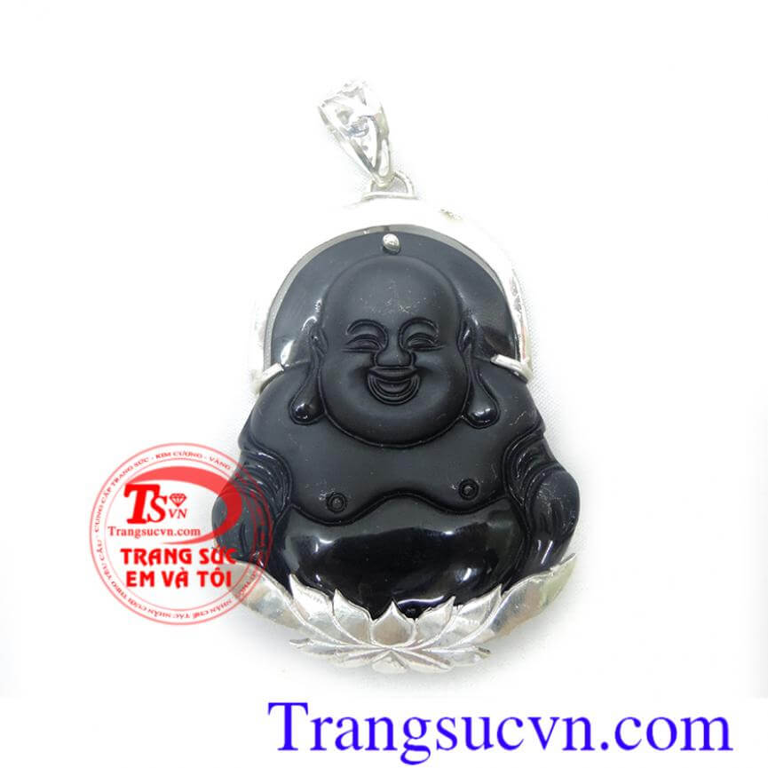 Phật di lặc đá Obsidian bọc bạc hình sen