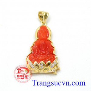 Mặt quan âm ngọc cẩm thạch đỏ bọc vàng tây 14k đẹp kiểu dáng sang trọng, bắt mắt sản phẩm theo phong thủy.