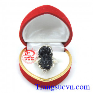 Nhẫn nữ bạc tỳ hưu đen,Thiết kế tinh tế, mang lại tiền tài cho người đeo, phù hợp với mệnh Mộc, mệnh thủy, Nhẫn nữ bạc tỳ hưu đen