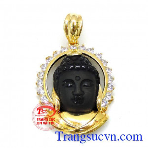Mặt phật obsidian tâm bình an, mặt obsidian phật đẹp, bọc vàng sang trọng, phong thủy, đem lại may mắn tài lộc bình an