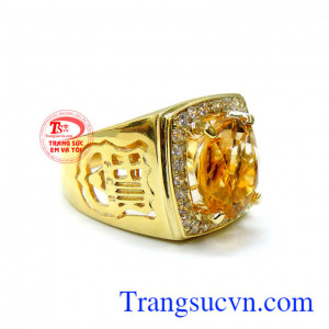 Nhẫn nam thạch anh vàng tươi, nhẫn nam vàng thiết kế hoa văn cổ, kiểu dáng đơn giản, mang lại phong cách mạnh mẽ