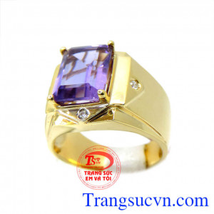 Nhẫn vàng 14k amethyst lịch lãm, nhẫn vàng nam trơn, kiểu dáng cổ điển, sang trọng, đính đá thạch anh tím thiên nhiên