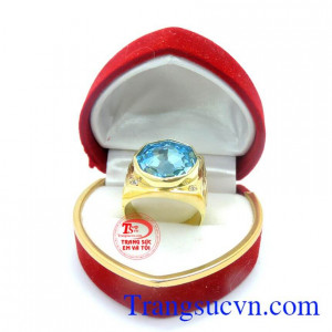 Nhẫn vàng nam mặt đá xanh nước biển, nhẫn nam thiết kếi 3D sắc nét và tinh tế