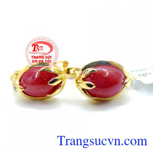 Bán Đôi hoa tai nữ đá ruby đẹp, hoa tai vàng tây 14k đẹp, sáng, đôi hoa tai vàng bọc đá quý Ruby thiết kế tinh tế, sang trọng, quý phái cho phái nữ.