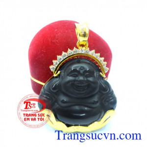 Mặt phật di lặc đá opsidian bọc vàng