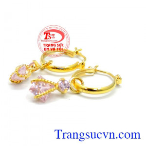 Hoa tai treo đá hồng hoa tai vàng 10k bảo hành 6 tháng,giao hàng toàn quốc 