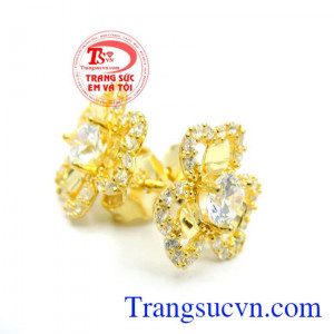 Hoa tai vàng tinh tế theo hình bông hoa gắn đá kết, 