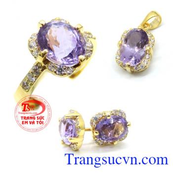 Bộ Nhẫn Mặt Hoa tai Thạch anh tím 