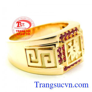 Nhẫn chữ LỘC vàng 18k gắn đá quý ruby thiên nhiên có kiểm định kèm theo,nhẫn nam vàng chữ LỘC, Dành cho nam đeo ngón giữa, người mệnh hỏa và thổ rất tốt