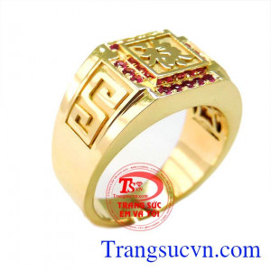 Nhẫn chữ LỘC vàng 18k gắn đá quý ruby thiên nhiên có kiểm định kèm theo,nhẫn nam vàng chữ LỘC, Dành cho nam đeo ngón giữa, người mệnh hỏa và thổ rất tốt