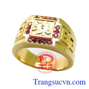 Nhẫn chữ LỘC vàng 18k gắn đá quý ruby thiên nhiên có kiểm định kèm theo,nhẫn nam vàng chữ LỘC, Dành cho nam đeo ngón giữa, người mệnh hỏa và thổ rất tốt