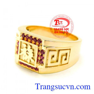Nhẫn chữ LỘC vàng 18k gắn đá quý ruby thiên nhiên có kiểm định kèm theo,nhẫn nam vàng chữ LỘC, Dành cho nam đeo ngón giữa, người mệnh hỏa và thổ rất tốt