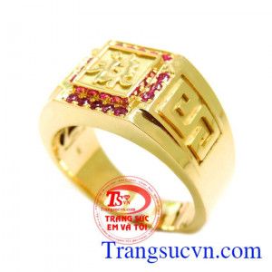 Nhẫn chữ LỘC vàng 18k gắn đá quý ruby thiên nhiên có kiểm định kèm theo,nhẫn nam vàng chữ LỘC, Dành cho nam đeo ngón giữa, người mệnh hỏa và thổ rất tốt