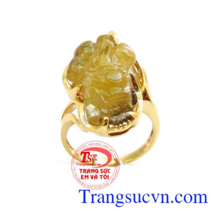Thạch anh tóc vàng nhẫn tỳ hưu, nhẫn nữ vàng tây 14k đẹp, sang trọng, nhẫn nữ tỳ hưu thạch anh tóc vàng thiên nhiên