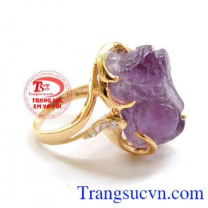 Nhẫn nữ Amethyst phong thủy, nhẫn nữ thạch anh tím khắc hình tỳ hưu sang trọng, đeo phong thủy, nhẫn nữ đẹp, nhẫn nữ 14k đẹp, nhẫn nữ bảo hành 12 tháng.
