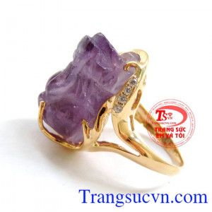 Nhẫn vàng màu tinh tế gắn tỳ hưu đá thiên nhiên, mang lại may mắn và hộ mệnh, Nhẫn nữ vàng tây dành cho phái đẹp