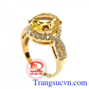 Nhẫn vàng 14k gắn đá thạch anh vàng, Nhẫn nữ vàng đảm bảo chất lượng Uy tín, Đeo hợp phong thủy