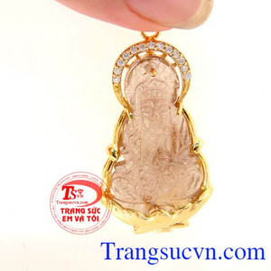 Mặt phật thạch anh tóc đỏ bọc vàng 14k đẹp, sang trọng, thạch anh tóc đỏ phong thủy đeo thời trang
