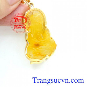 Mặt phật thạch anh tóc vàng 14k. mặt phật quan âm tượng trưng cho bình an và may mắn
