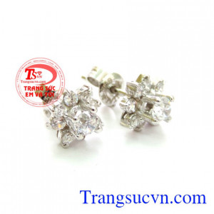 Đôi hoa tai vàng trắng 18k, đôi bông tai vàng tắng đính đá sang trọng, vàng 18k chuẩn chất lượng,