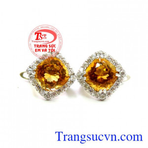 Đôi hoa tai vàng mệnh Kim, đôi bông tai vàng trắng 14k đá thạch anh thiên nhiên thích hợp cho người mệnh Kim đeo phong thủy,