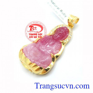 Mặt phật ruby quan âm bọc vàng ngồi trên hoa sen vàng