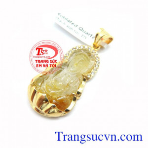 Mặt phật thạch anh tóc vàng bọc vàng 10k đẹp, sang trọng, thạch anh tóc vàng phong thủy đeo thời trang