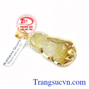 Mặt Quan Âm Thạch Anh Tóc Thiên Nhiên Bọc Vàng 10k Đẹp, mạt dây chuyền nam vàng tây, mặt dây chuyền nam đẹp