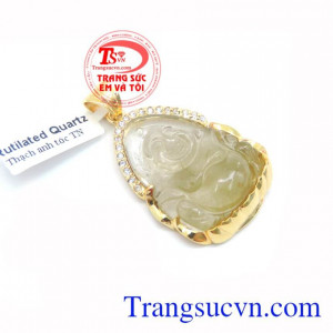 Mặt Phật Di Lặc Đá Thạch Anh Tóc phong thủy, đeo bình an, mặt dây chuyền bọc vàng 10k đẹp sang trọng cho nam giới