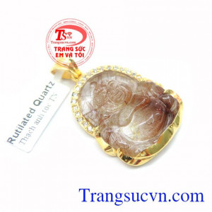 Mặt dây chuyền thạch anh tóc nâu đỏ phật di lặc phong thủy, đẹp, đeo bình an