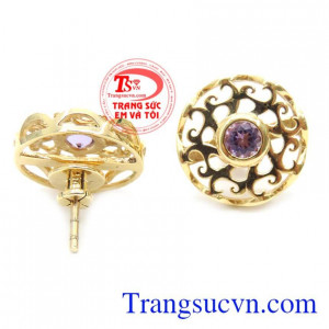 Đôi Bông Tai Thạch Anh Tím Sang Trọng, hoa tai vàng tây, hoa tai nữ đẹp. 