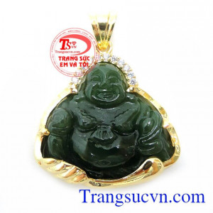Ngọc Nephrite Phật Di Lặc Bọc Vàng, mặt dây chuyền nam, mặt phật bọc vàng