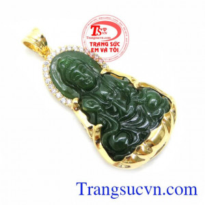 Mặt Phật Bà Ngọc Bích Nephrite Bọc Vàng 14K , mặt dây chuyền nam, mặt phật bọc vàng đẹp