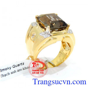 Nhẫn vàng nam thạch anh khói vàng 14k chế tác tinh xảo, sắc nét, thời trang