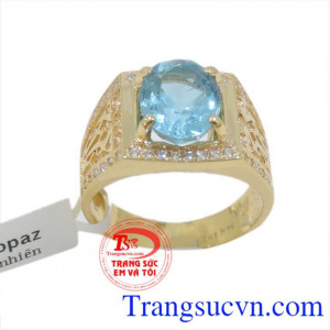 Nhẫn nam xanh lam chất liệu vàng 14k nguyên khối,đá Topaz thiên nhiên mang lại sự trong sáng trong suy nghĩa,nồng ấm trong tình yêu,chân thành