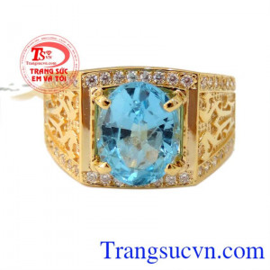 Nhẫn nam xanh lam chất liệu vàng 14k nguyên khối,đá Topaz thiên nhiên mang lại sự trong sáng trong suy nghĩa,nồng ấm trong tình yêu,chân thành