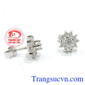 Hoa tai nữ vàng trắng 750 nụ hoa tai vàng trắng đính kim cương nhân tạo.