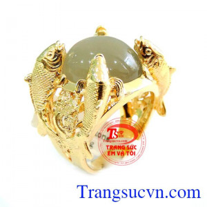 Nhẫn nam Moonstone Cá Vàng 14k thiết kế và chế tác 3D tinh tế và sắc nét,nhẫn nam đá mặt trăng,nhẫn 4 cá vàng đẳng cấp và tinh tế