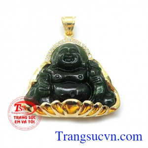 Mặt dây chuyền phật di lặc đá phong thủy tự nhiên mang ý nghĩa hạnh phúc, sung túc, hân hoan được bọc vàng tinh tế, khéo léo